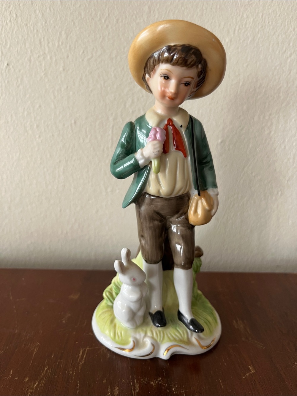 Vintage Porcelain Country Boy Figurine w/ Ice Cream Cone & Rabbit at Feet